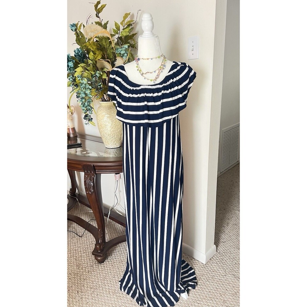 EXIST Navy Blue White Striped Off-Shoulder Maxi Dress XL Nautical Boho Ruffle